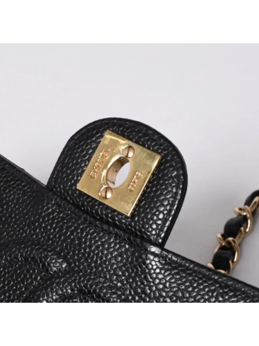Chanel Mini Quilted Chain Shoulder Bag Caviar Leather Gold Black